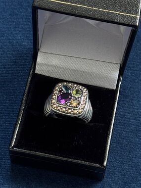 Effy Sterling Silver and 18k Yellow Gold Amethyst Peridot Citrine Ring Size 7